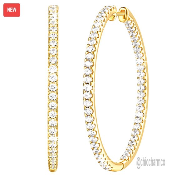 Jewelry - Large 40mm 14K Gold Hoop Earrings with Cubic Zirconia, Hypoallergenic